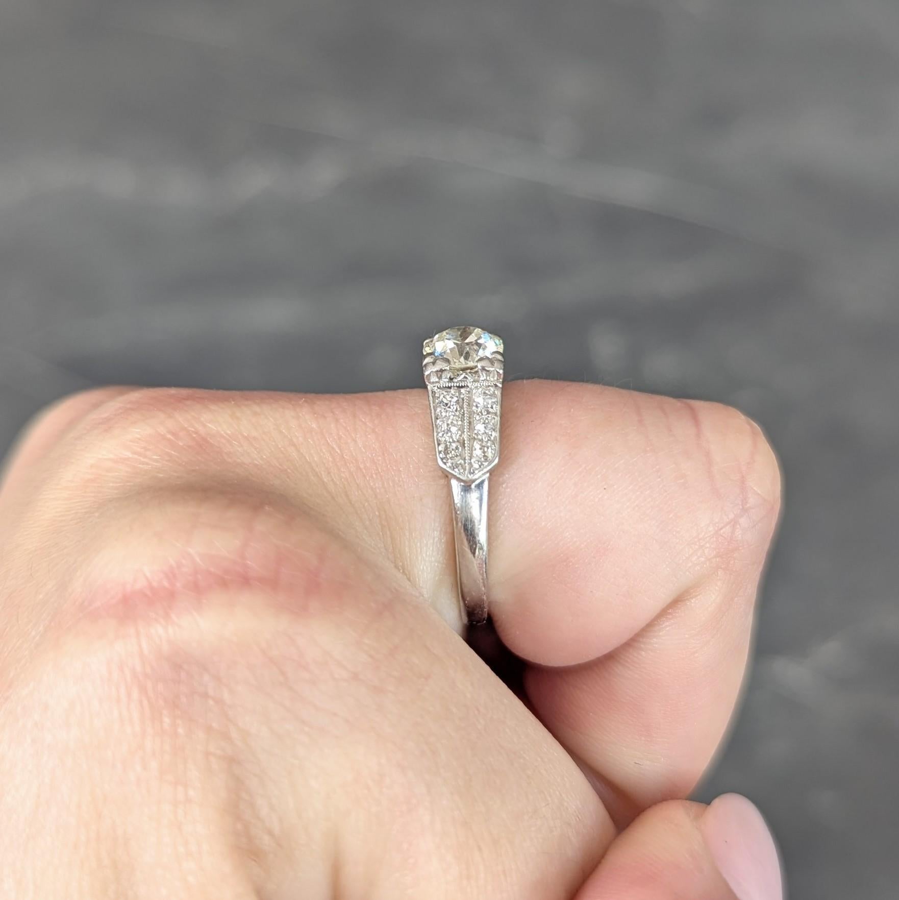 Anello di fidanzamento vintage in platino con diamante europeo di 1,10 CTW in stile tardo Art Deco in vendita 7