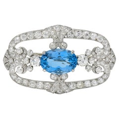 Art of Vintage 11.23 CTW Aquamarine Diamond Platinum Vintage Scrolling Brooch