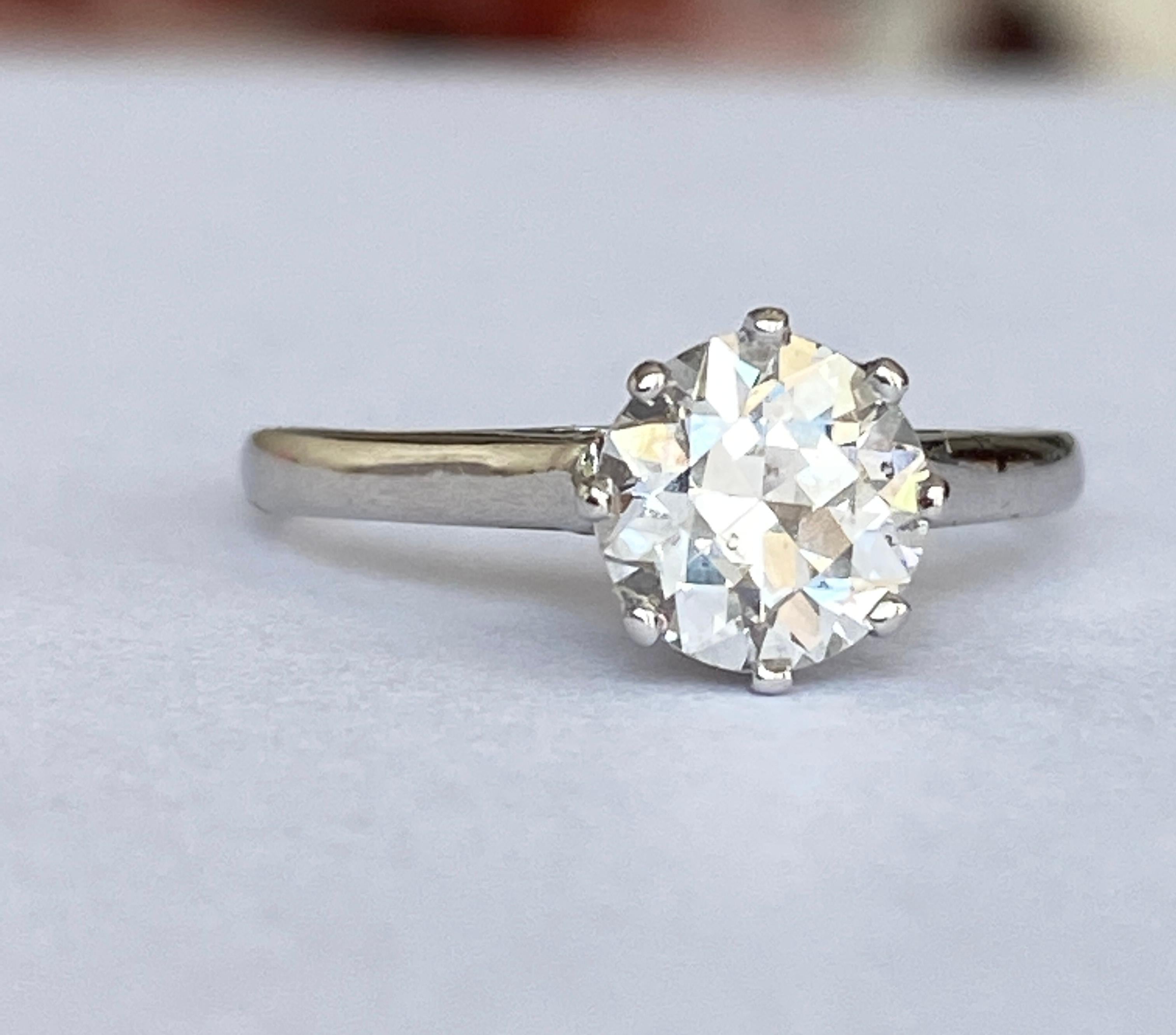 Solitaire de fiançailles Art déco tardif 1,14 carat Old European Brilliant Cut Diamond Bon état - En vente à AMSTERDAM, NL