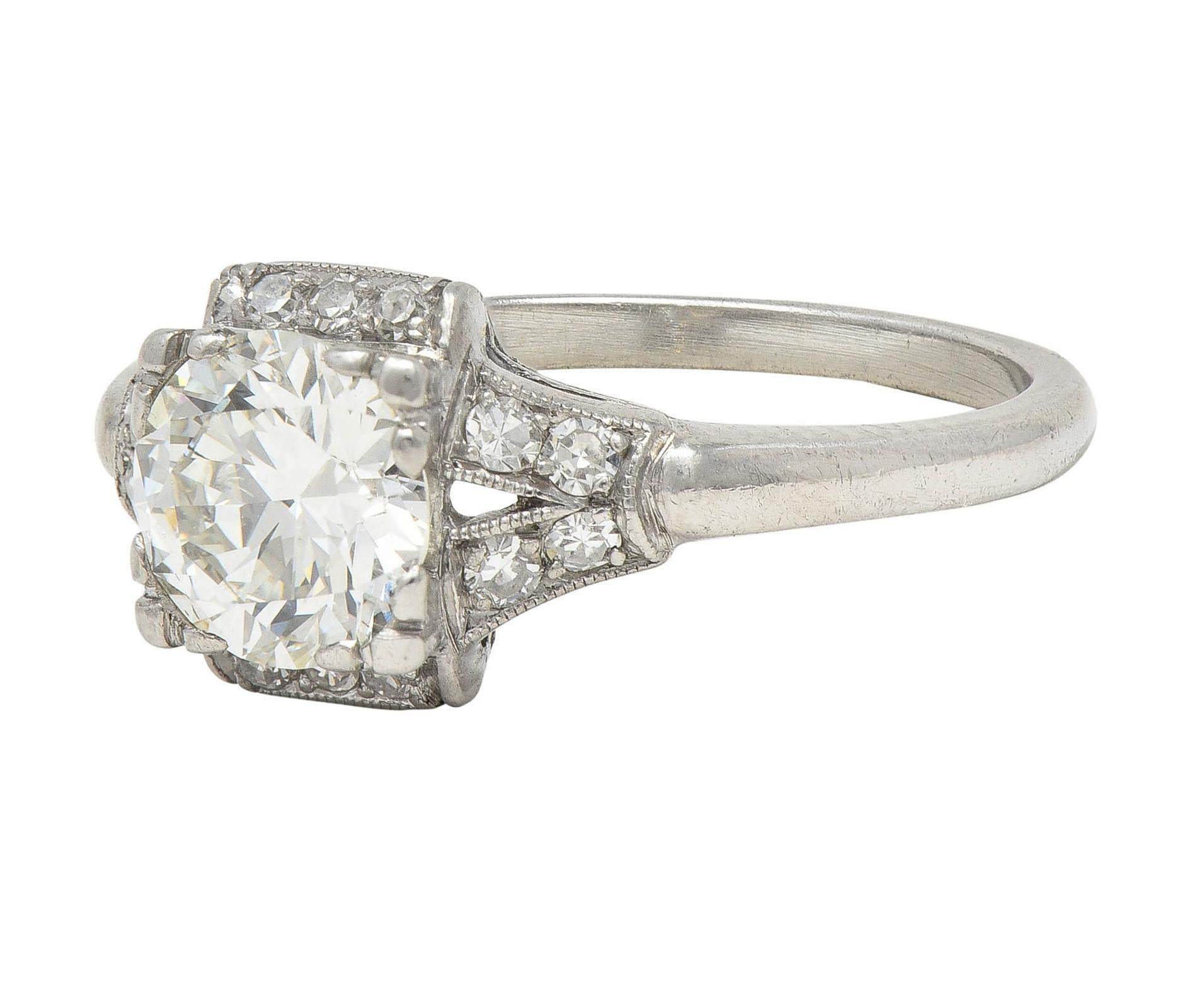 Late Art Deco 1.20 CTW Transitional Cut Diamond Platinum Vintage Engagement Ring For Sale 2