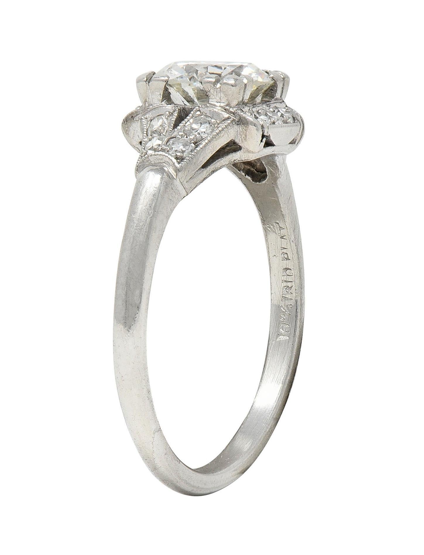 Late Art Deco 1.20 CTW Transitional Cut Diamond Platinum Vintage Engagement Ring For Sale 4