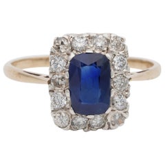 Late Art Deco 1.35 Ct Natural Sapphire .60 Carat Old Cut Diamond Plat/Gold Ring