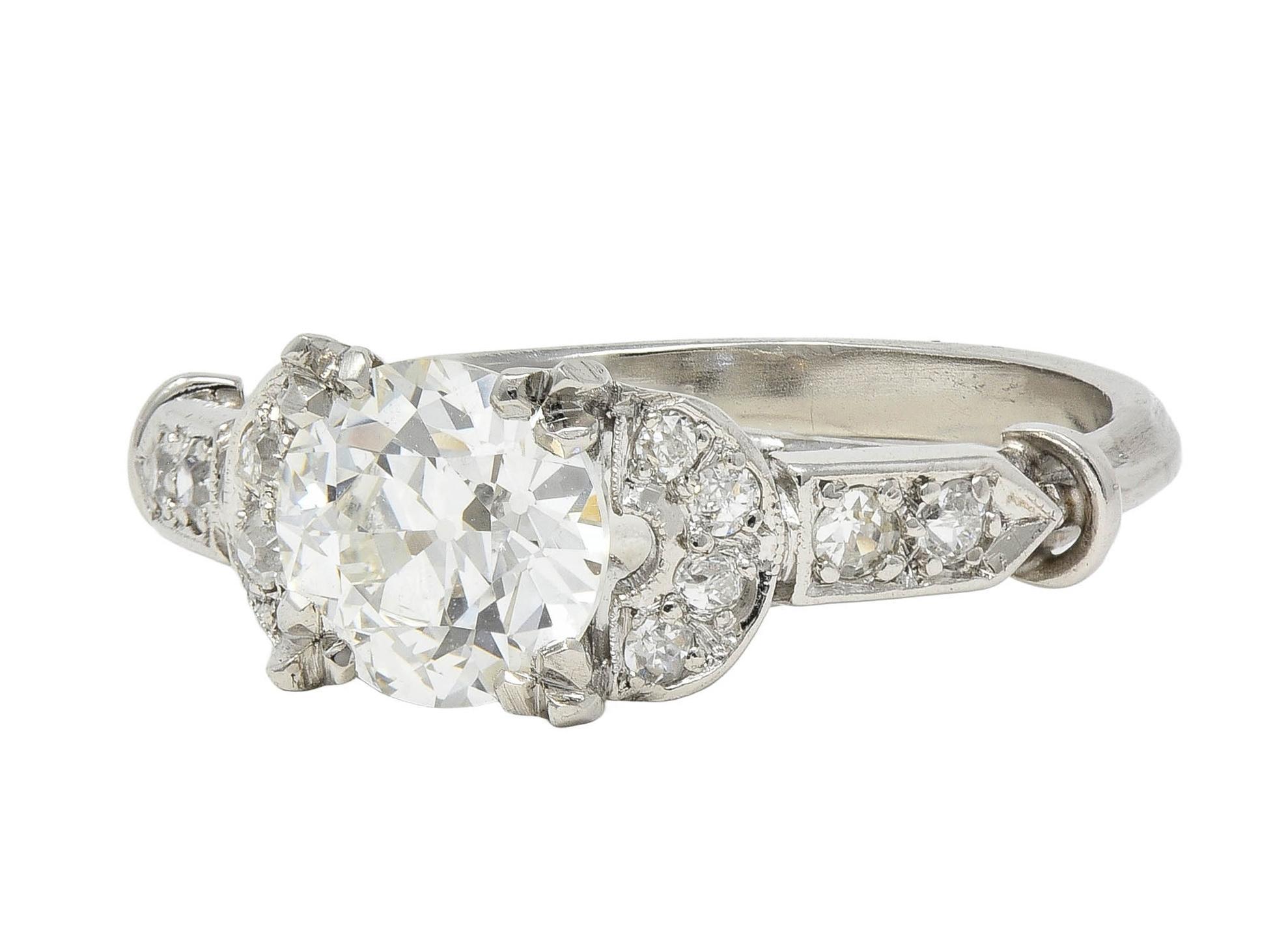 da uomo o donna Anello di fidanzamento vintage in platino con diamante 1,39 CTW in stile tardo Art Deco, GIA in vendita
