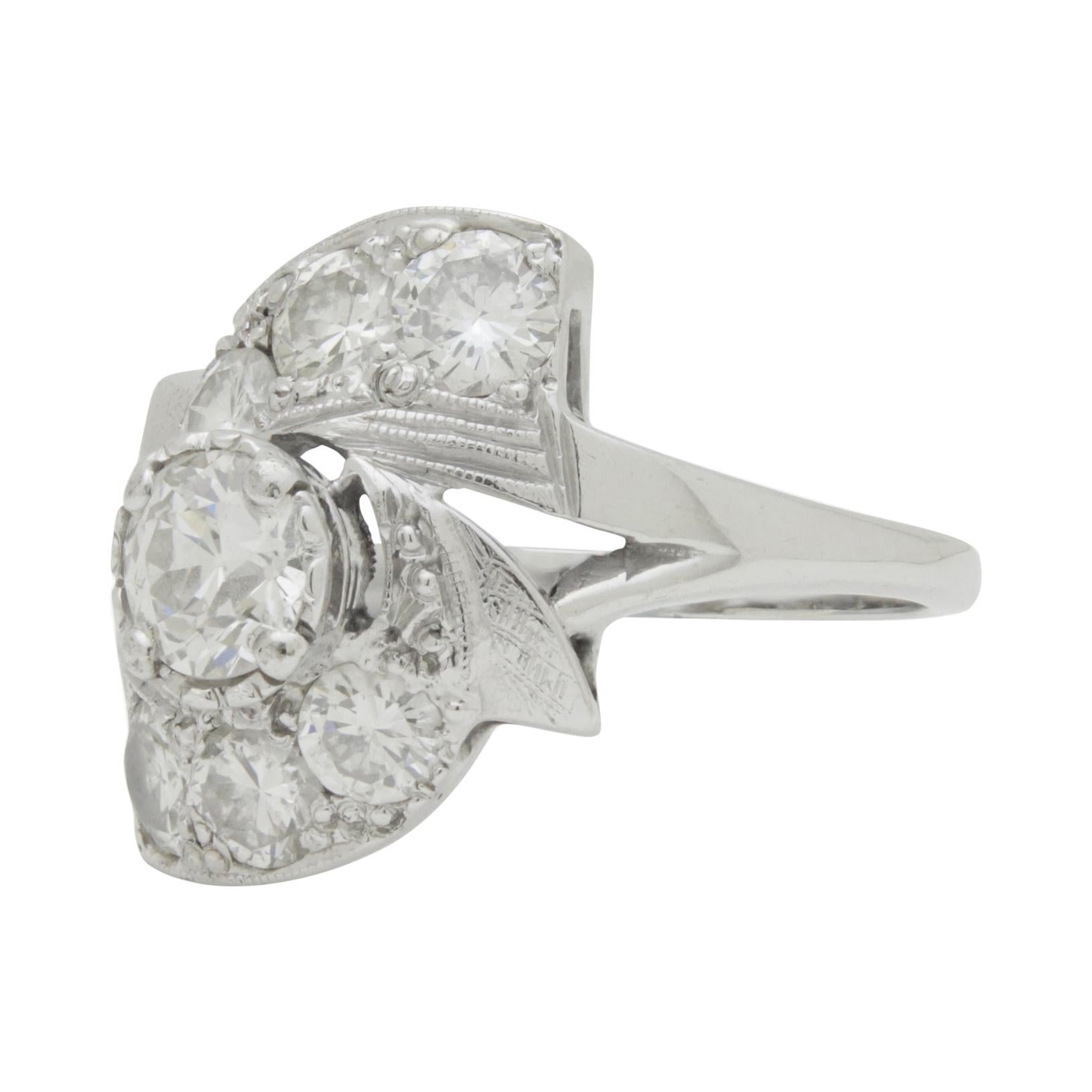 Late Art Deco, 14 Karat White Gold and Diamond Ring For Sale