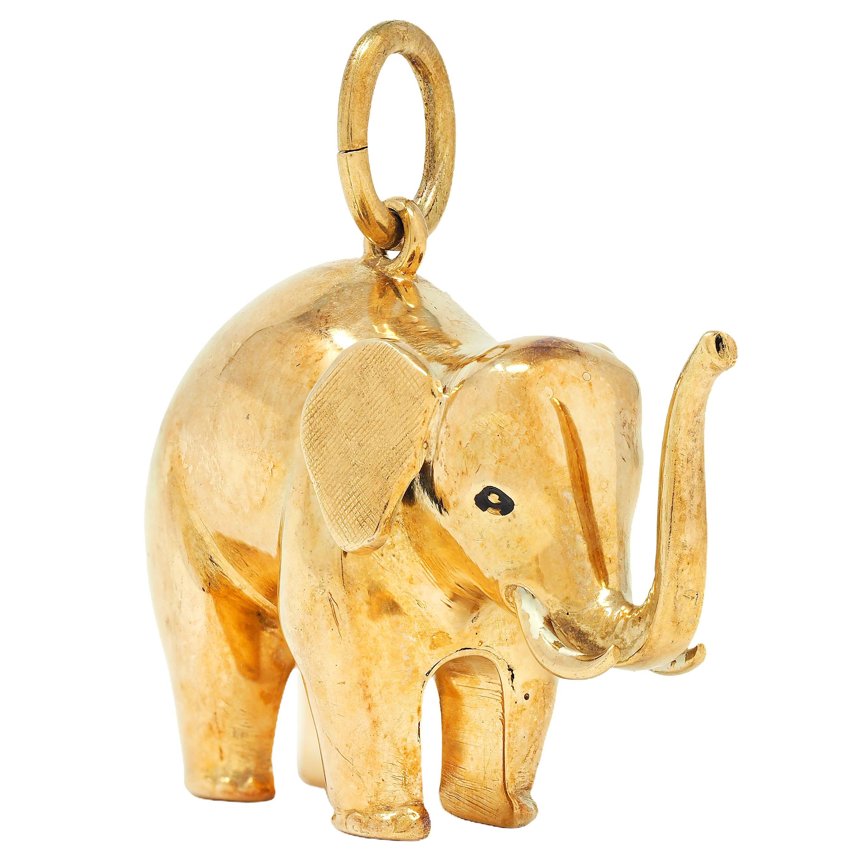 da uomo o donna Ciondolo Elefante in oro giallo 14 carati tardo Art Déco in vendita