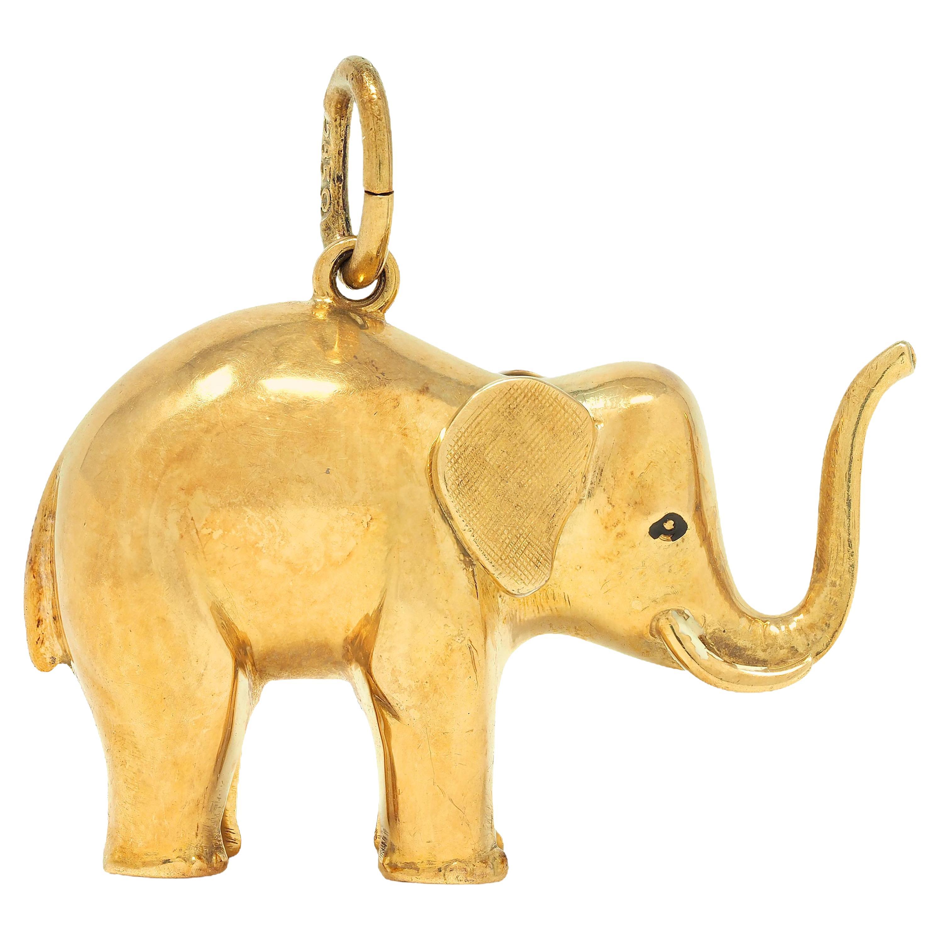 Ciondolo Elefante in oro giallo 14 carati tardo Art Déco