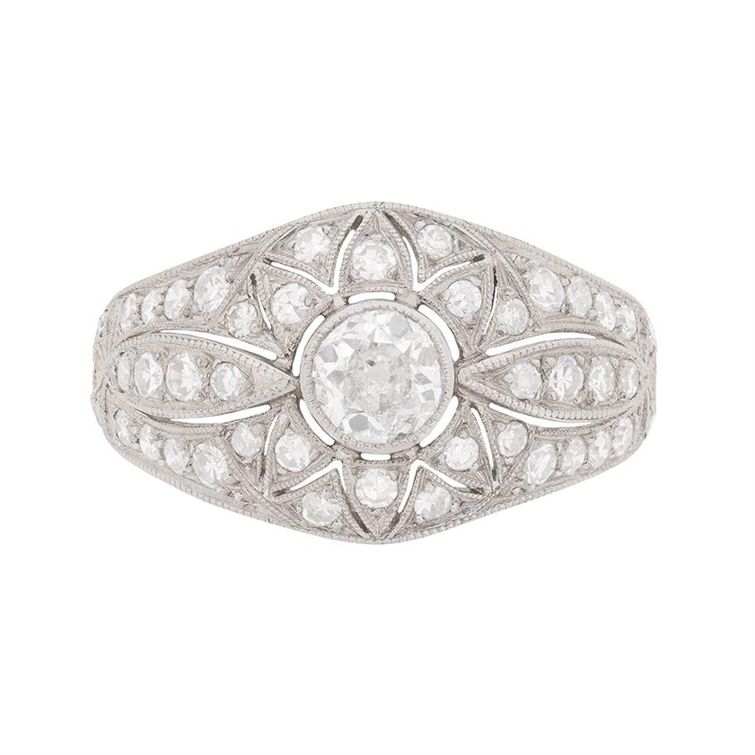 Late Art Deco 1.40ct Diamond Cluster Ring, circa 1930s For Sale