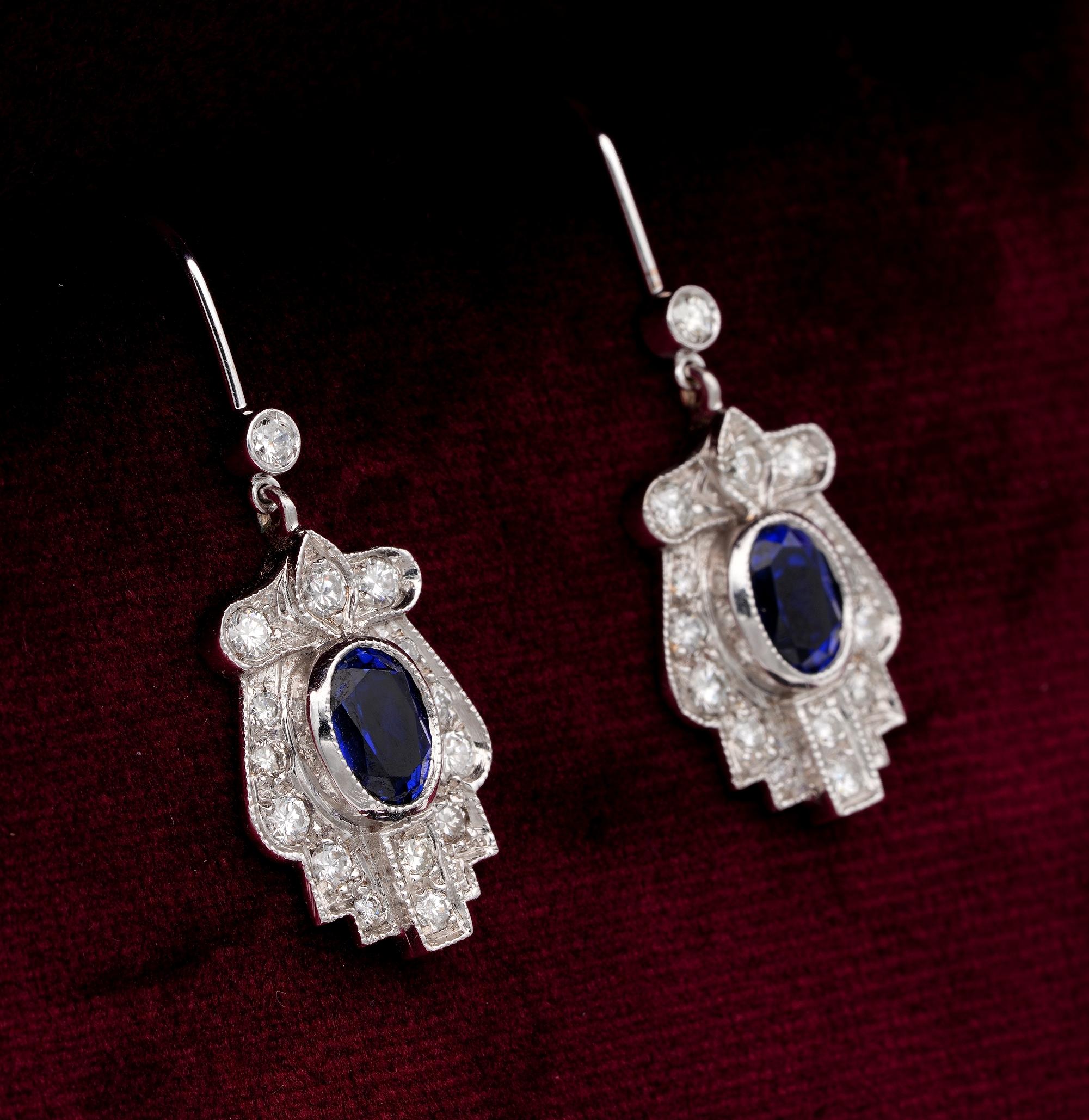Brilliant Cut Late Art Deco 1.40 Carat Verneuil Sapphire 1.10 Carat Diamond Drop Earrings For Sale