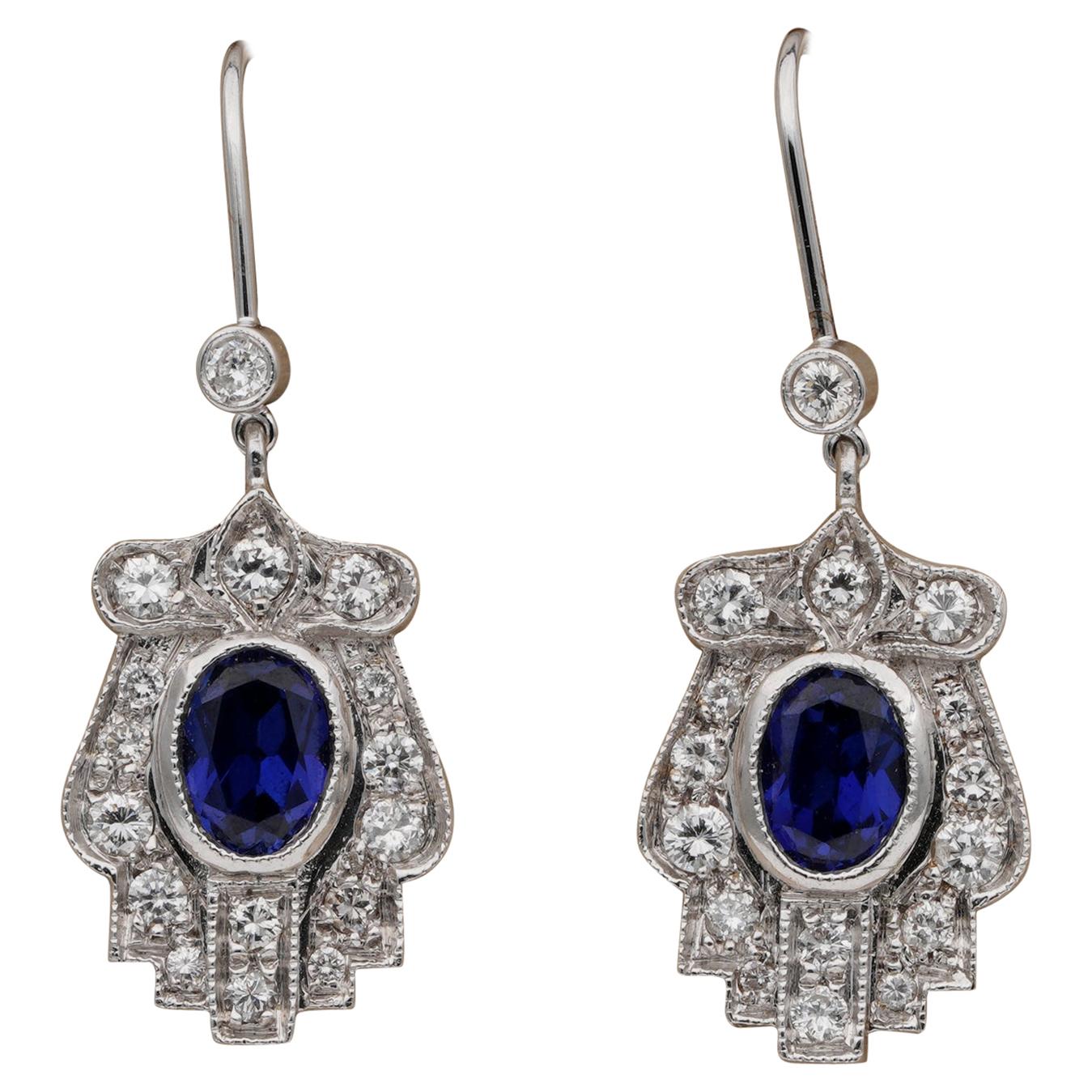 Late Art Deco 1.40 Carat Verneuil Sapphire 1.10 Carat Diamond Drop Earrings For Sale