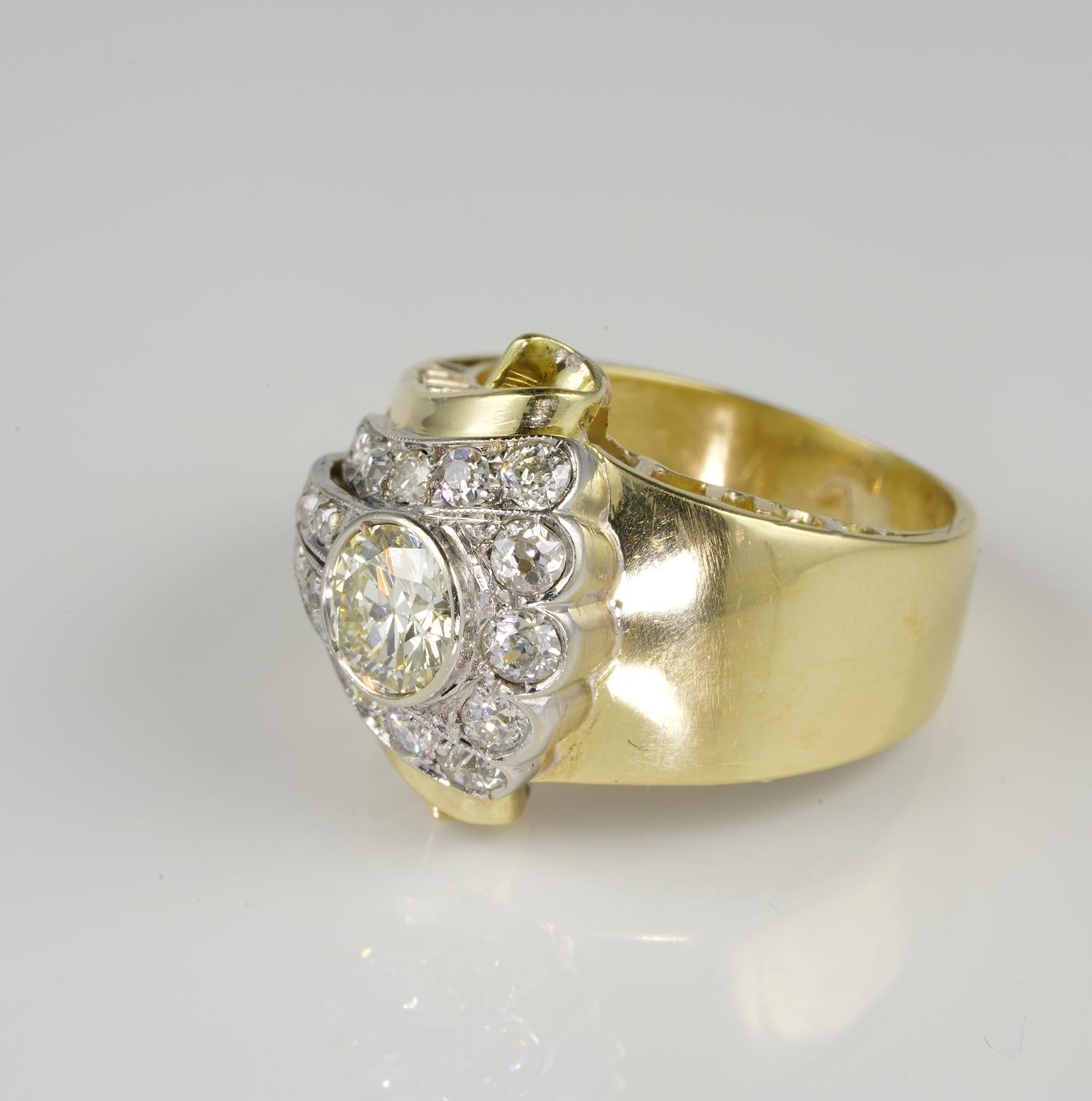 Old European Cut Late Art Deco 1.50 Ct Diamond Buckle ring 18 Kt Platinum For Sale