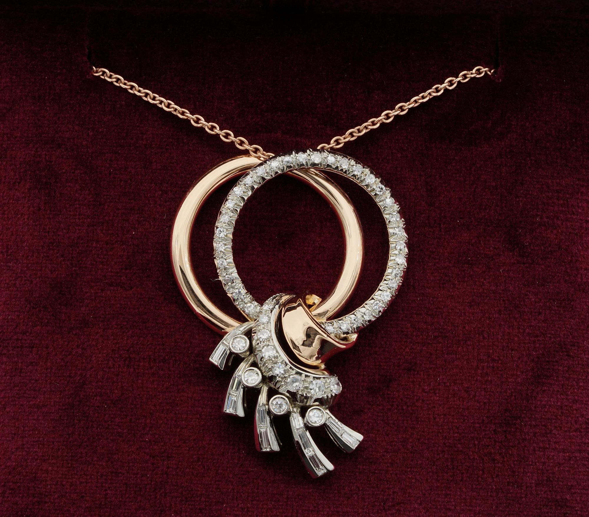 Endless Charm

Late Art Deco dating 1935 circa double hoop pendant with a large Diamond bow connecting the two circles
Charming in design expressing in full the fashion of the era
Skilfully hand crafted during the age of solid 18 KT rose gold and