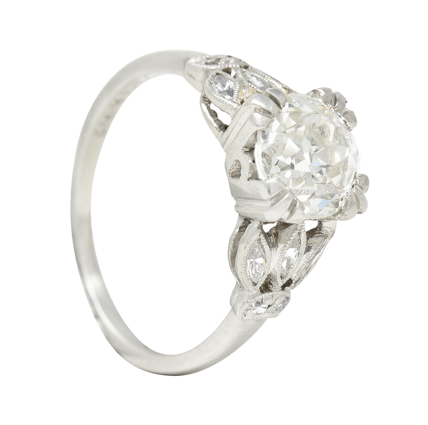 Late Art Deco 1.63 Carats Old European Cut Diamond Platinum Engagement Ring For Sale 7