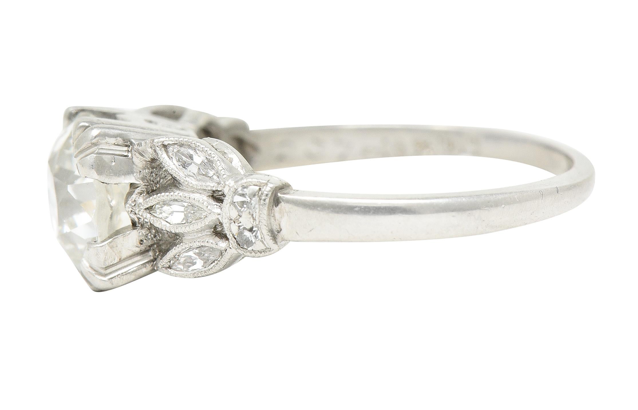Late Art Deco 1.63 Carats Old European Cut Diamond Platinum Engagement Ring For Sale 2
