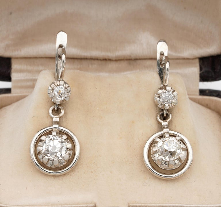 Late Art Deco 1.64 Carat Old Mine Cut Diamond Target Drop Earrings at ...