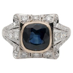 Vintage Late Art Deco 2.0 Ct Natural Sapphire . 60 Ct Diamond ring
