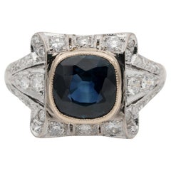 Late Art Deco 2.0 Ct Natural Sapphire . 60 Ct Diamond ring