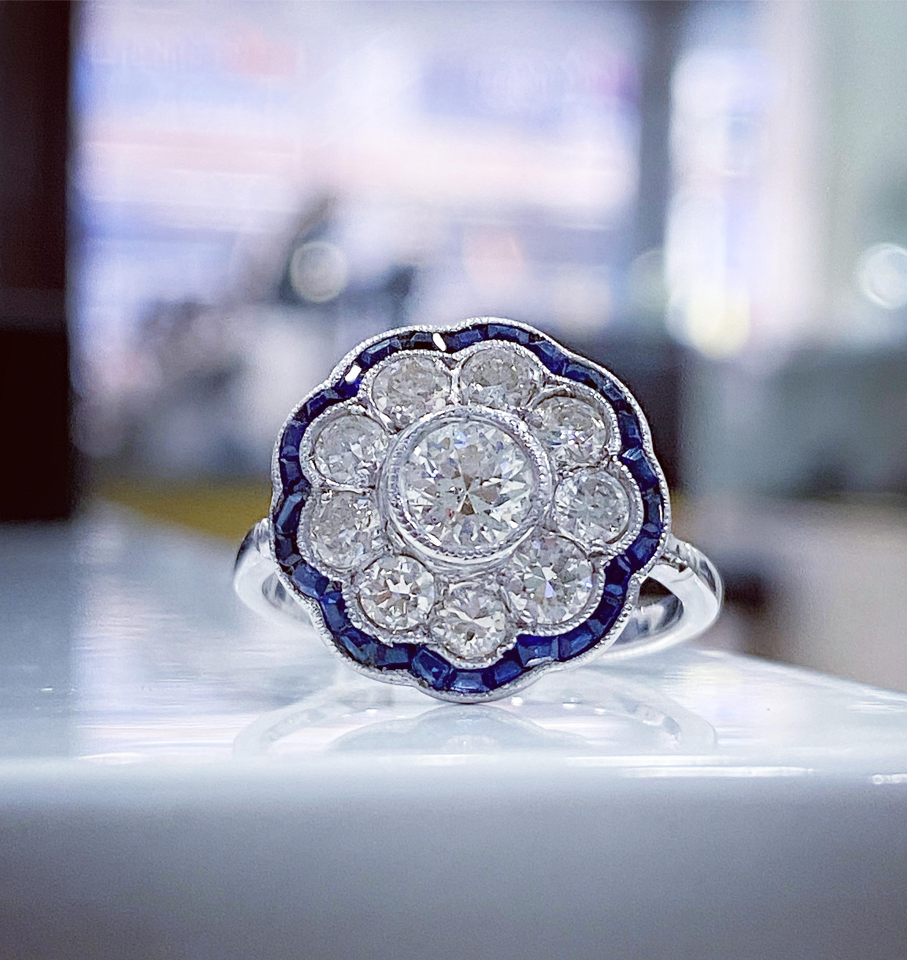 Late Art Deco 2.00ct Diamond and Sapphire Cluster Ring, c.1930s 2