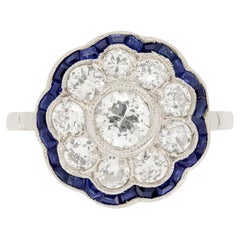 Late Art Deco 2.00ct Diamond and Sapphire Cluster Ring, c.1930s