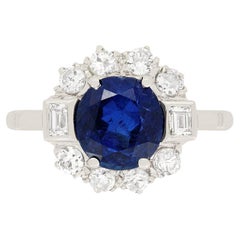 Late Art Deco 2.47ct Sapphire and Diamond Halo Ring, c.1940s