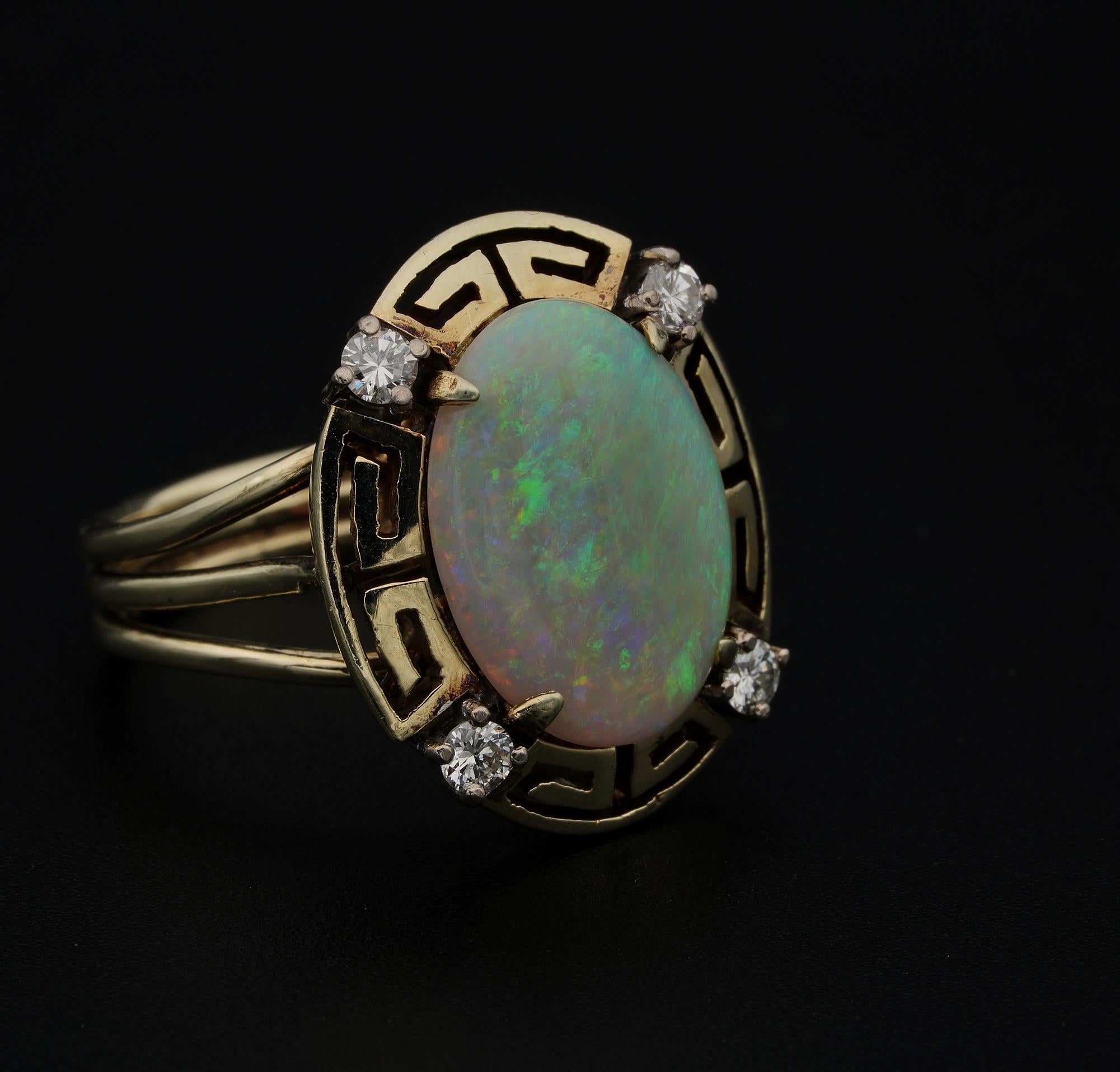 Women's Late Art Deco 2.90 Carat Natural Opal and Diamond Rare Ring For Sale