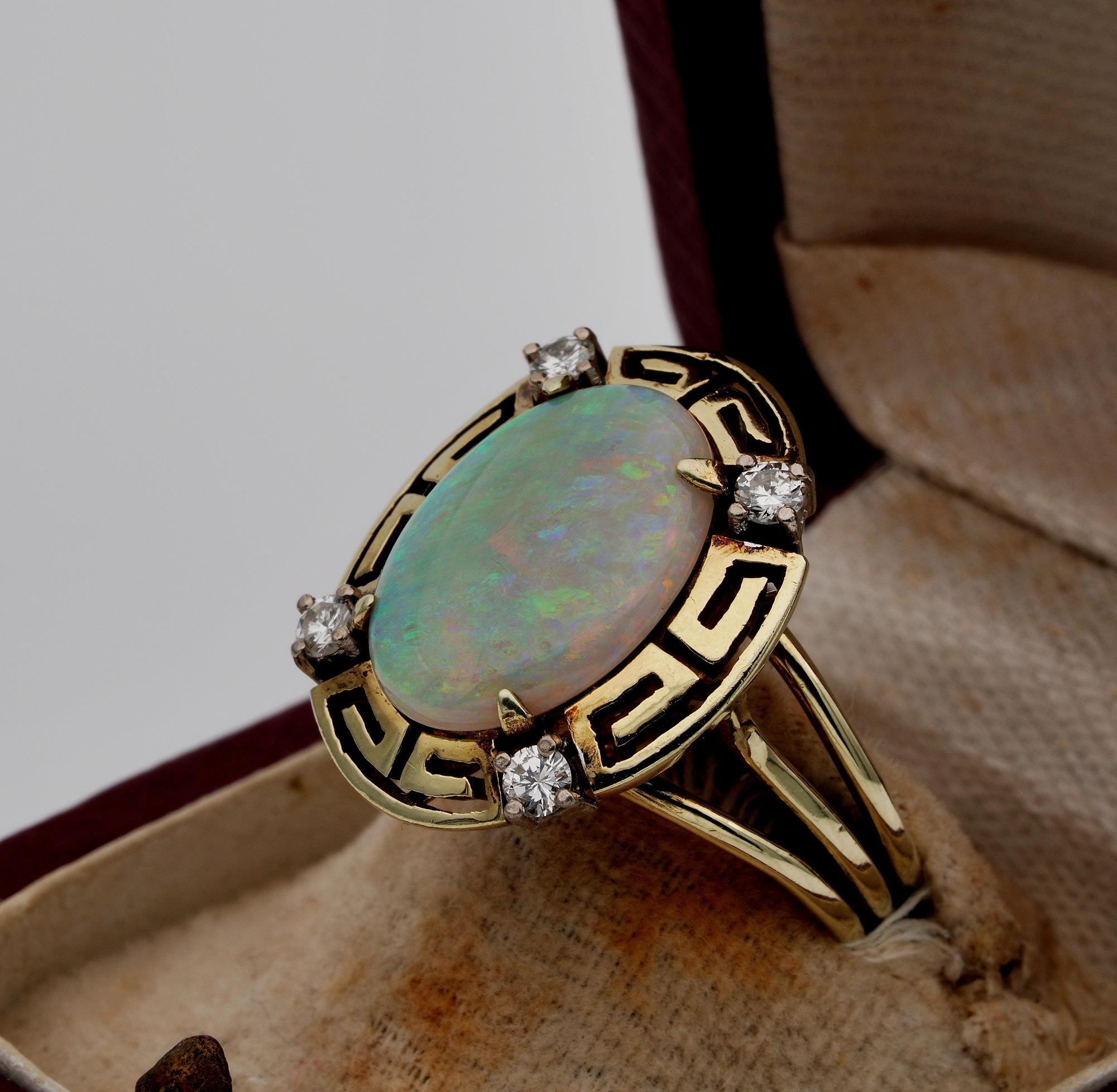 Late Art Deco 2.90 Carat Natural Opal and Diamond Rare Ring For Sale 1