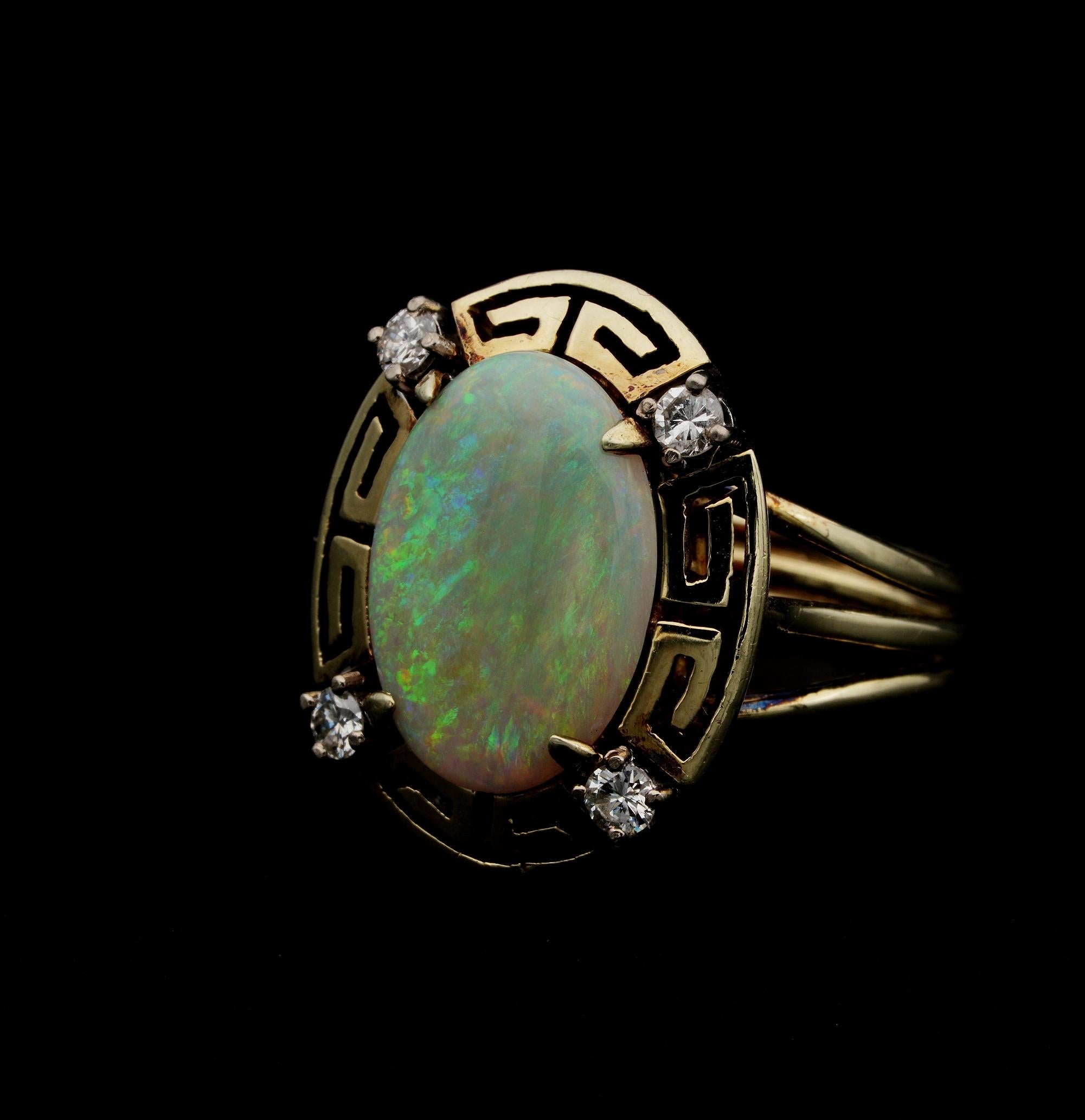 Late Art Deco 2.90 Carat Natural Opal and Diamond Rare Ring For Sale 2