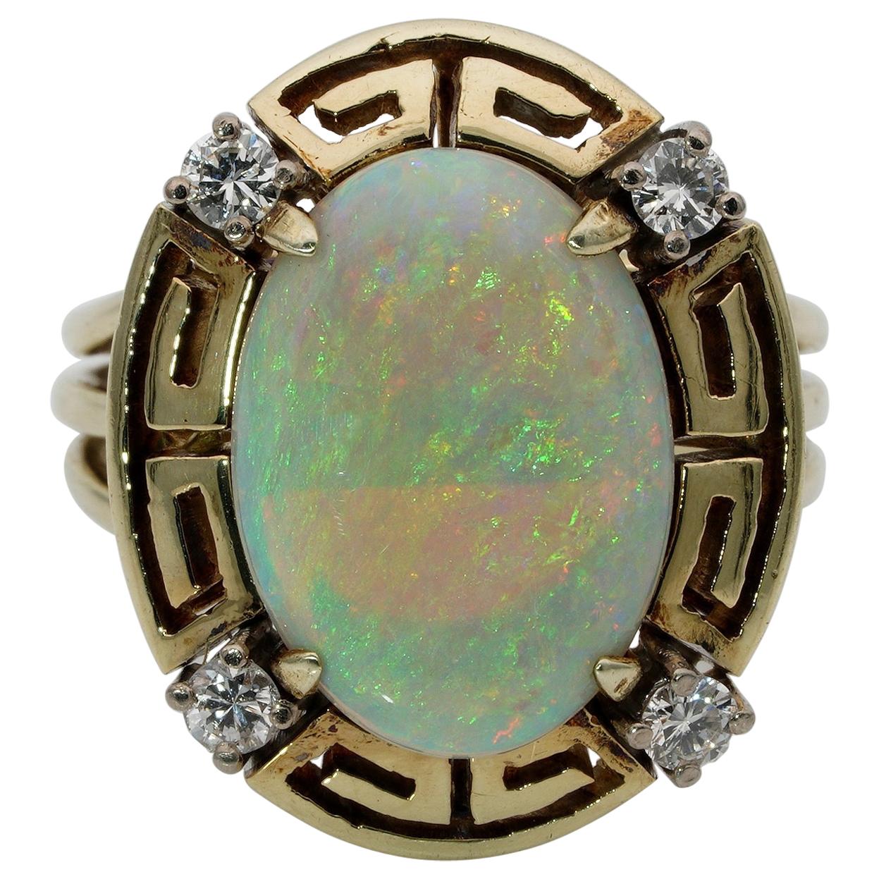 Late Art Deco 2.90 Carat Natural Opal and Diamond Rare Ring For Sale