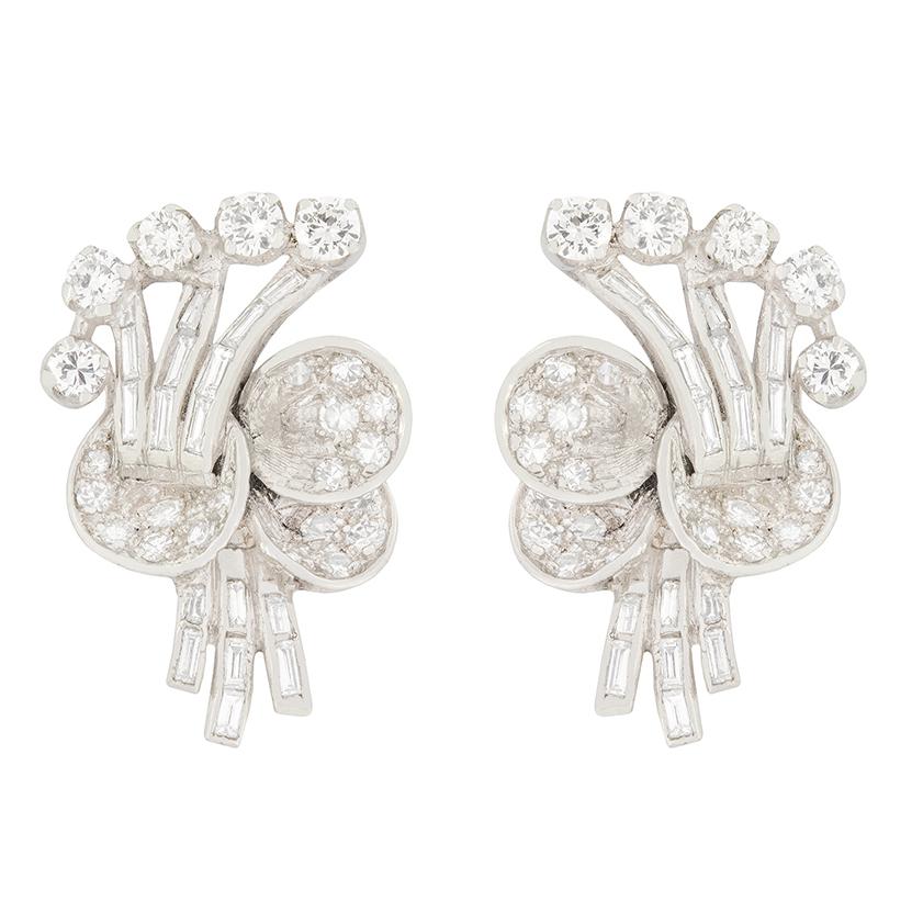 Round Cut Late Art Deco 2ct Diamond Cluster Earrings, c.1930s For Sale