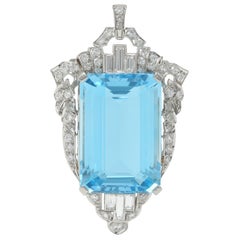 Broche Colgante Vintage Art Decó Tardío 32,05 CTW Aguamarina Diamante Platino