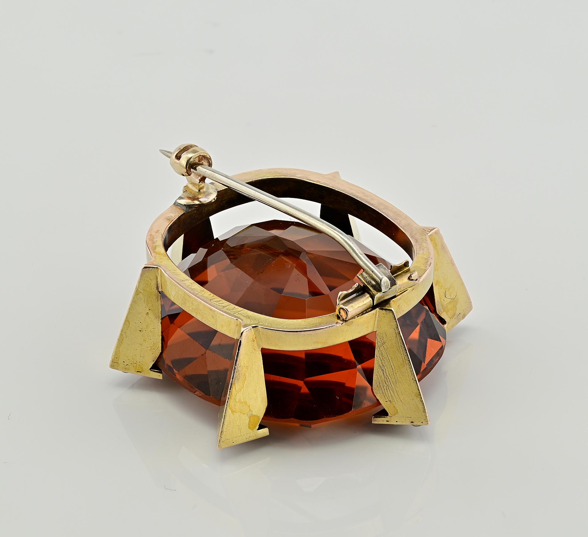 Women's Late Art Deco 79.00 Ct Untreated Large Madeira Citrine Brooch  For Sale