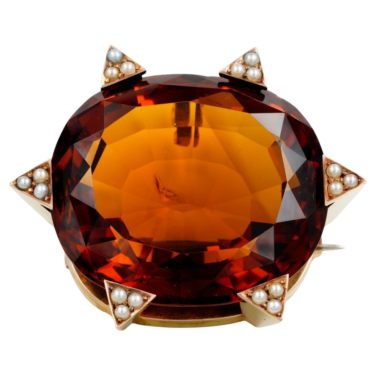 Late Art Deco 79.00 Ct Untreated Large Madeira Citrine Brooch For Sale
