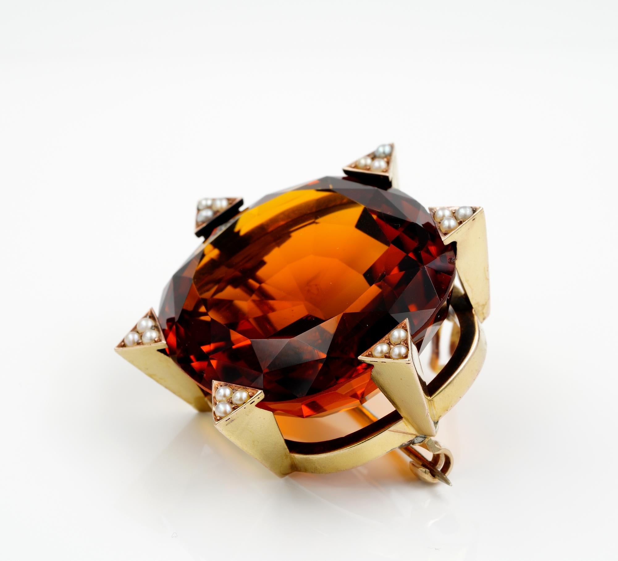 Oval Cut Late Art Deco 79.00 Ct Untreated Large Madeira Citrine Brooch  For Sale