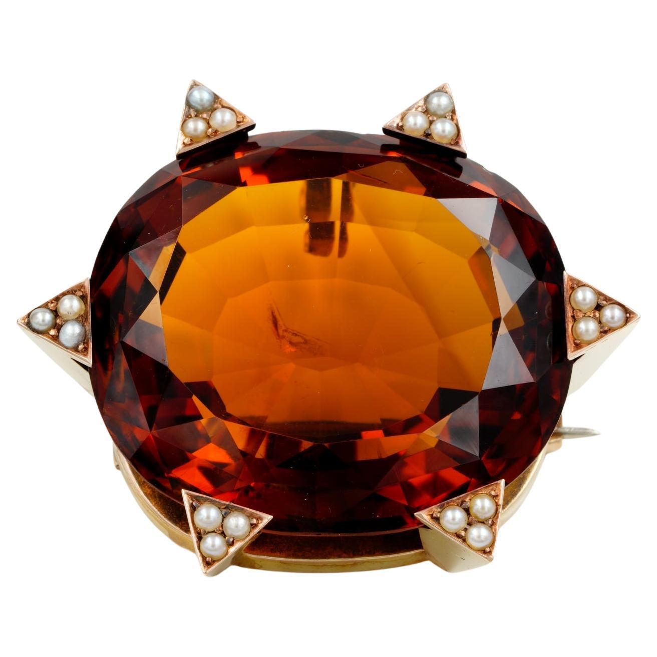 Late Art Deco 79.00 Ct Untreated Large Madeira Citrine Brooch  For Sale