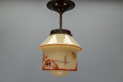 Late Art Deco Beige Glass Pendant Light with Geometric Motif, 1930s