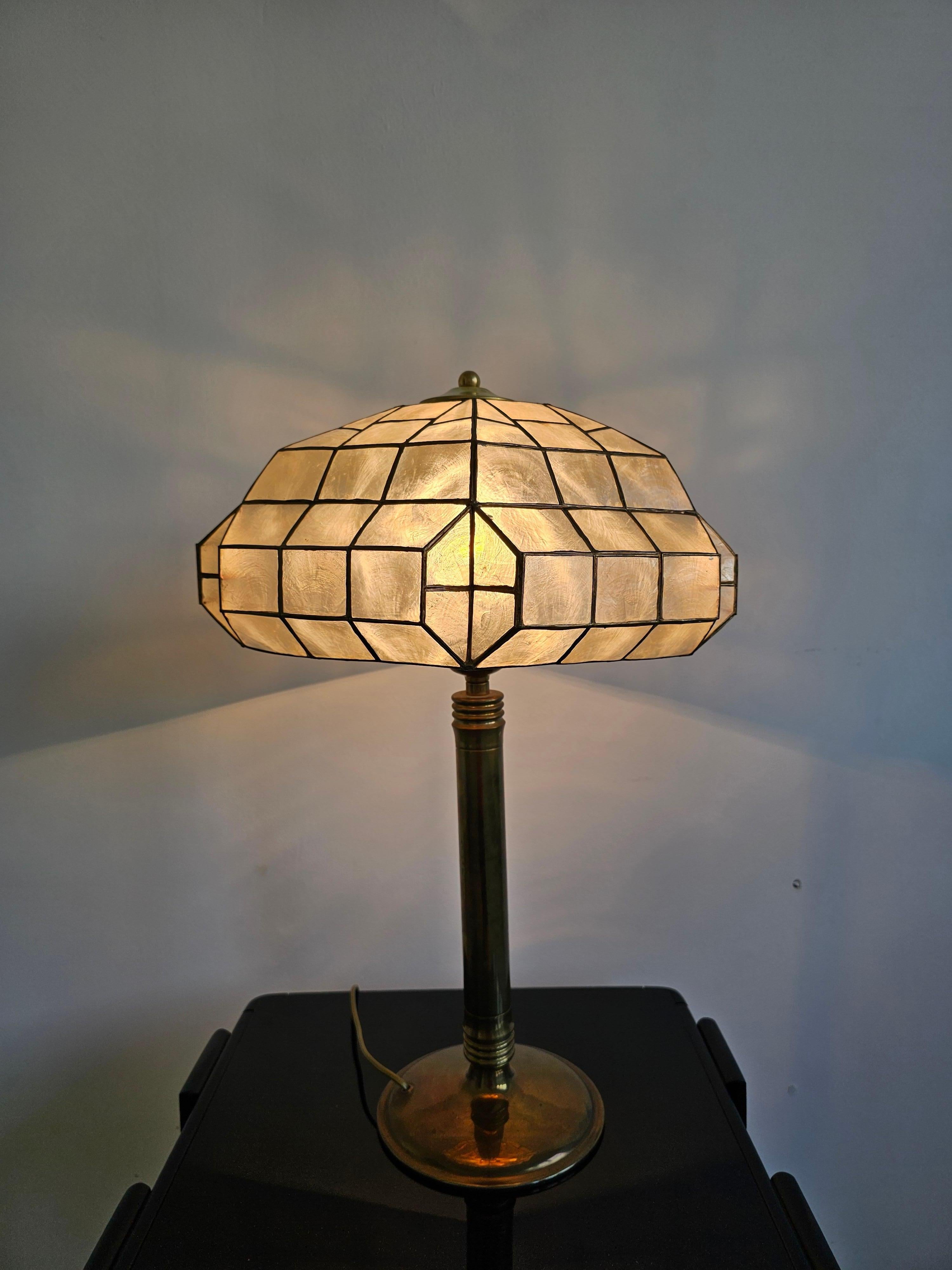 Austrian Late Art Deco Brass Table Lamp with Capiz Shell Shade, Austria 1950s