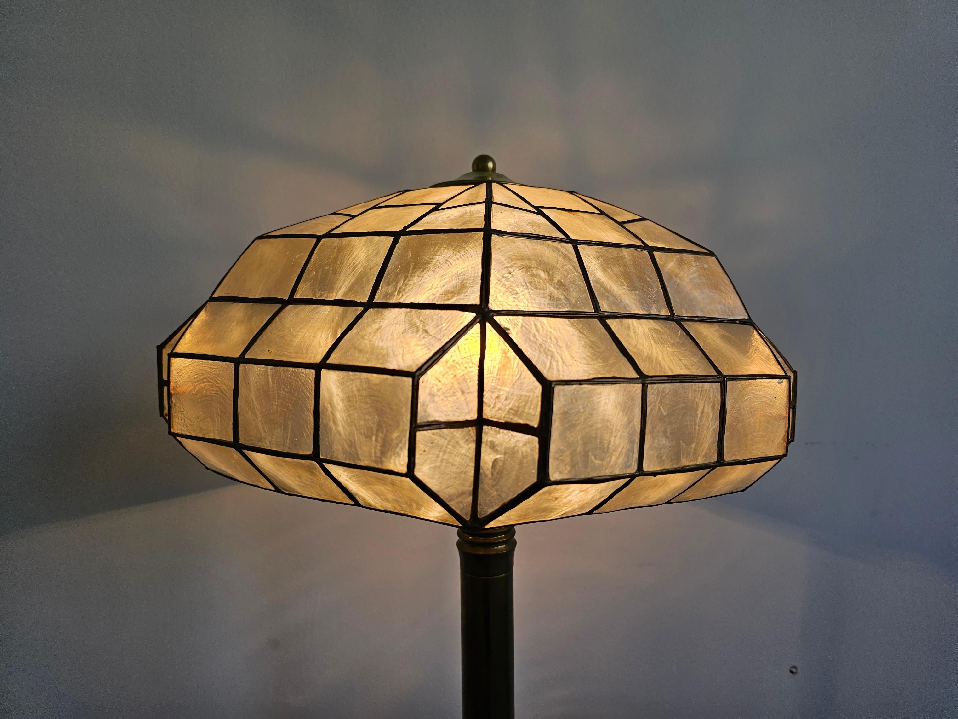 Late Art Deco Brass Table Lamp with Capiz Shell Shade, Austria 1950s 2