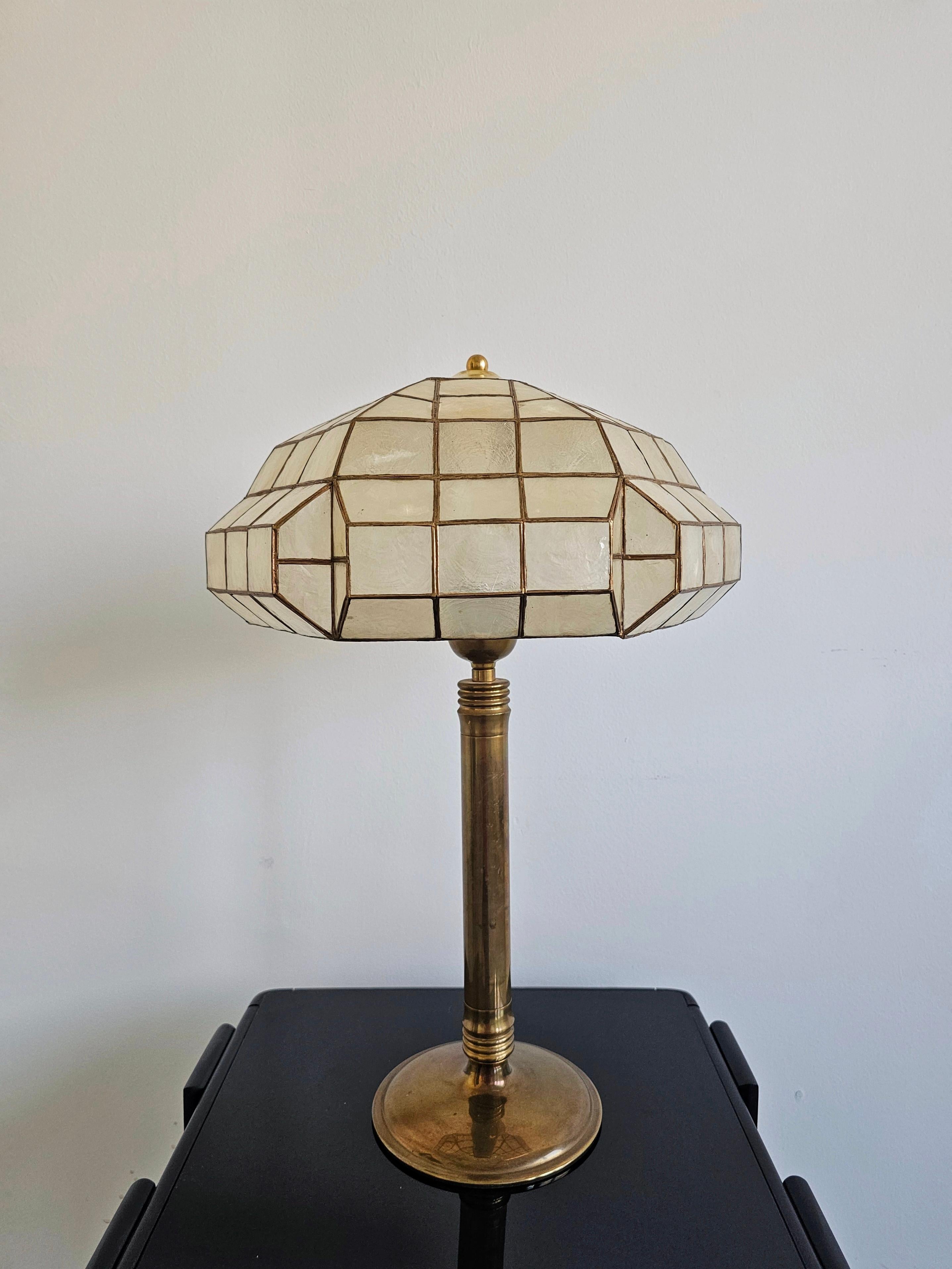 Late Art Deco Brass Table Lamp with Capiz Shell Shade, Austria 1950s 3