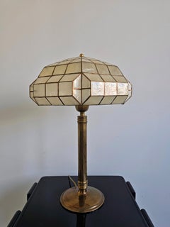 Late Art Deco Brass Table Lamp with Capiz Shell Shade, Austria 1950s