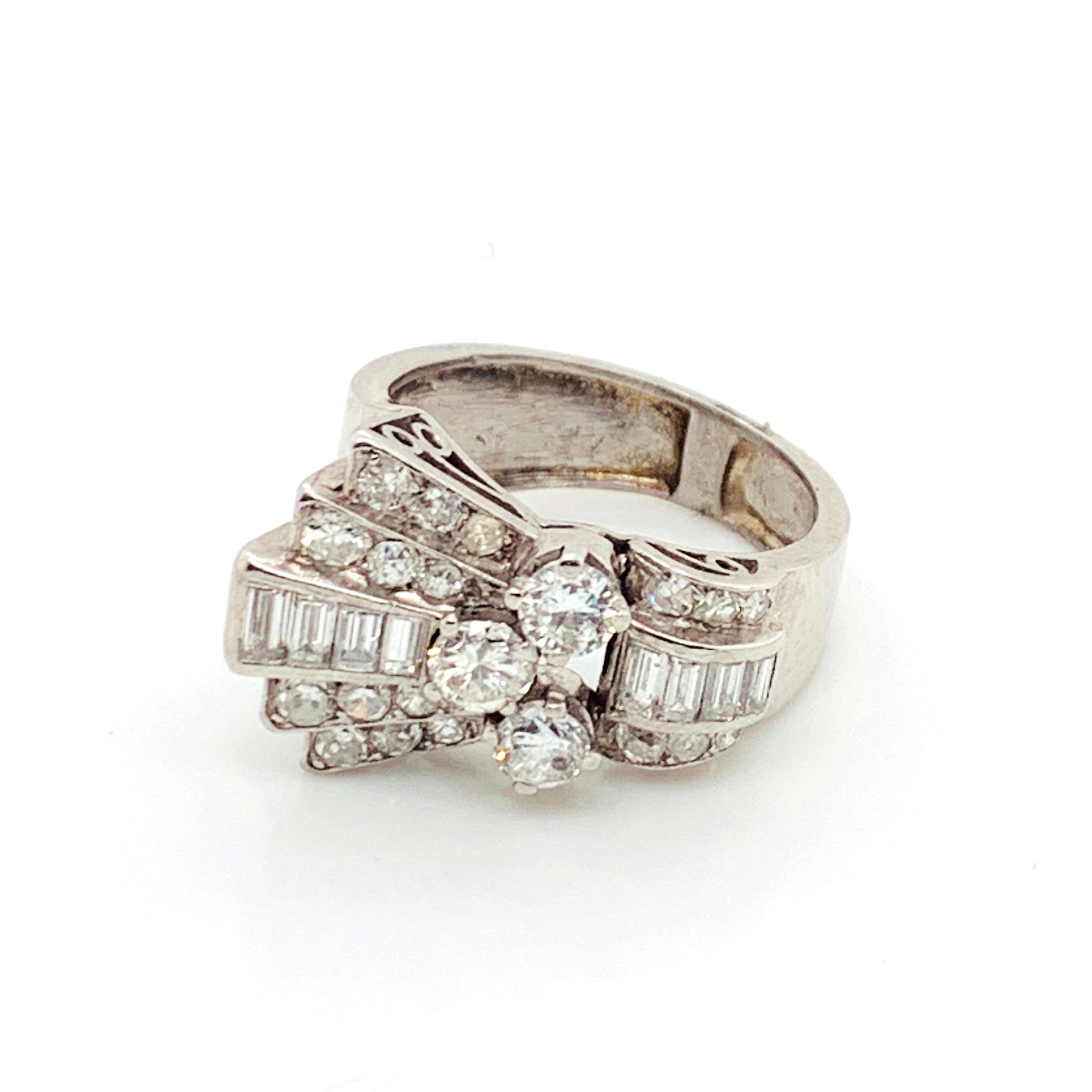 Baguette Cut Late Art Deco Diamond And Platinum Ring, 1.60ct, Circa 1940 For Sale