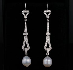 Late Art Deco Diamond Baroque Pearl 18 KT Earrings