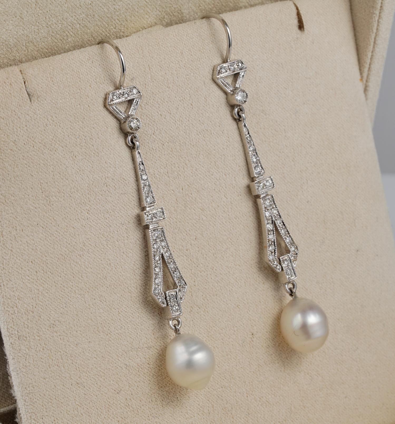 Round Cut Late Art Deco Diamond Baroque Pearl 18 KT Earrings For Sale