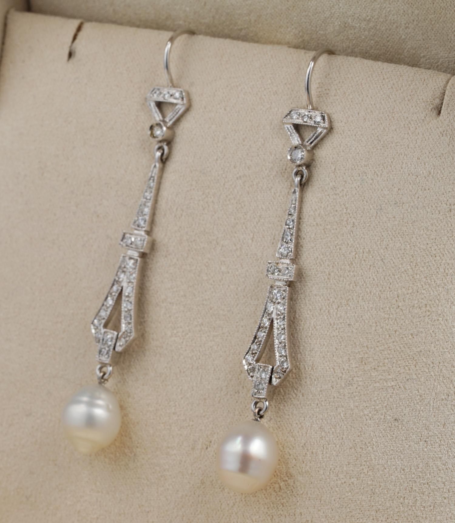Women's Late Art Deco Diamond Baroque Pearl 18 KT Earrings For Sale