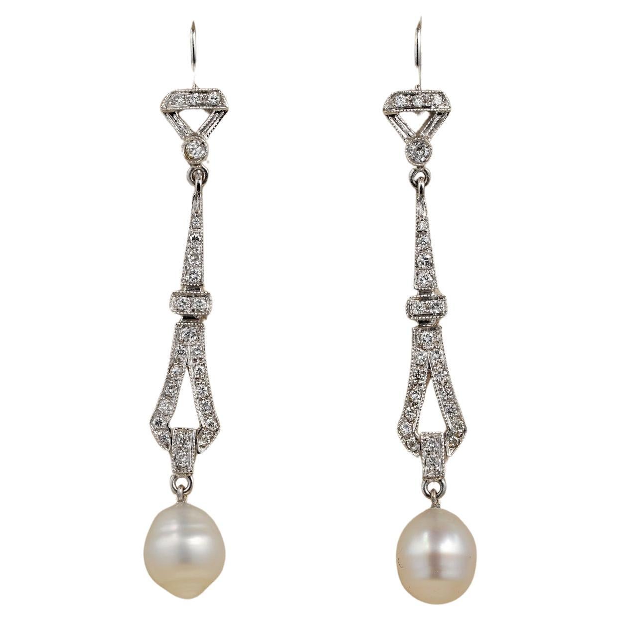 Late Art Deco Diamond Baroque Pearl 18 KT Earrings For Sale