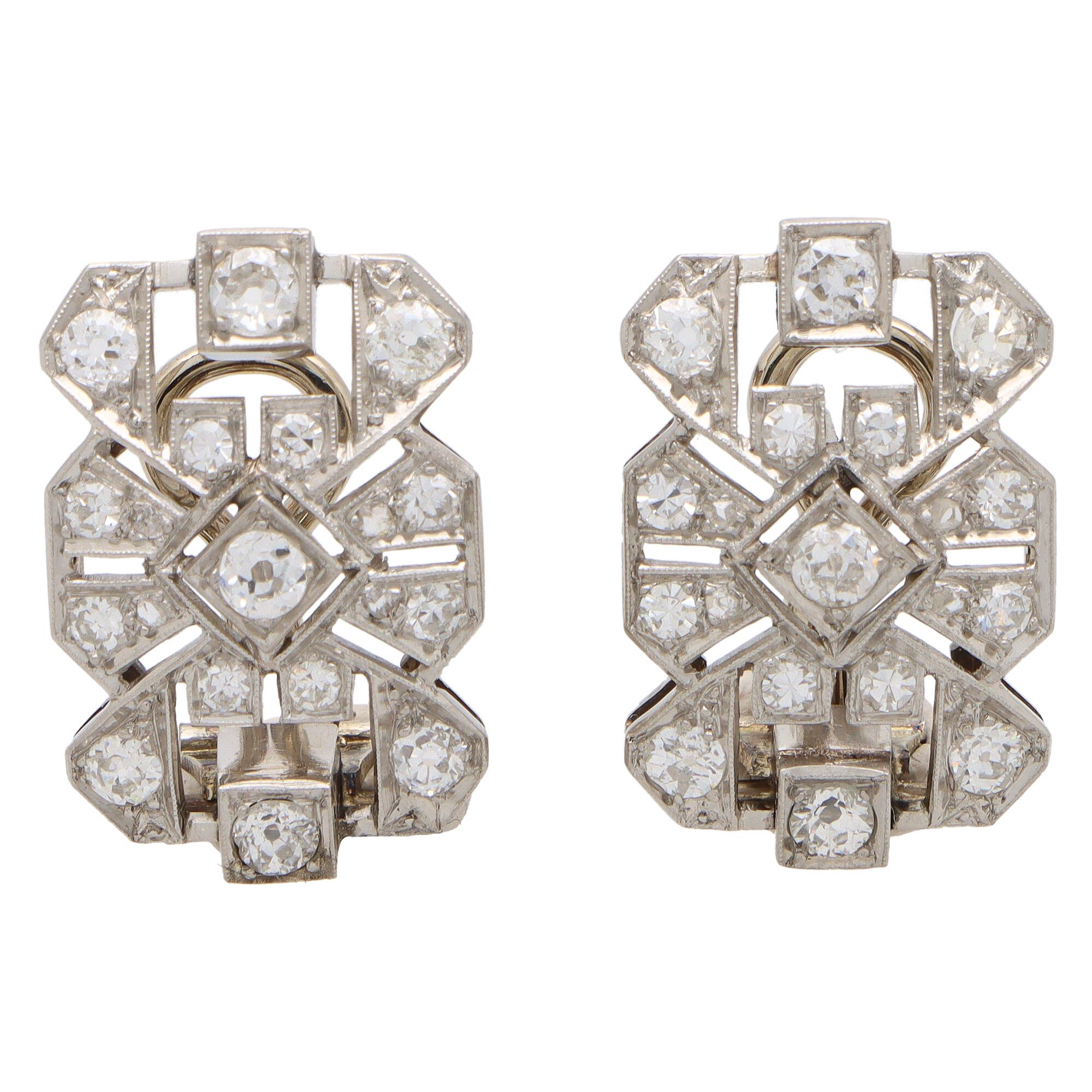 Old Mine Cut Late Art Deco Diamond Panel Earrings Set in Platinum and 18k White Gold