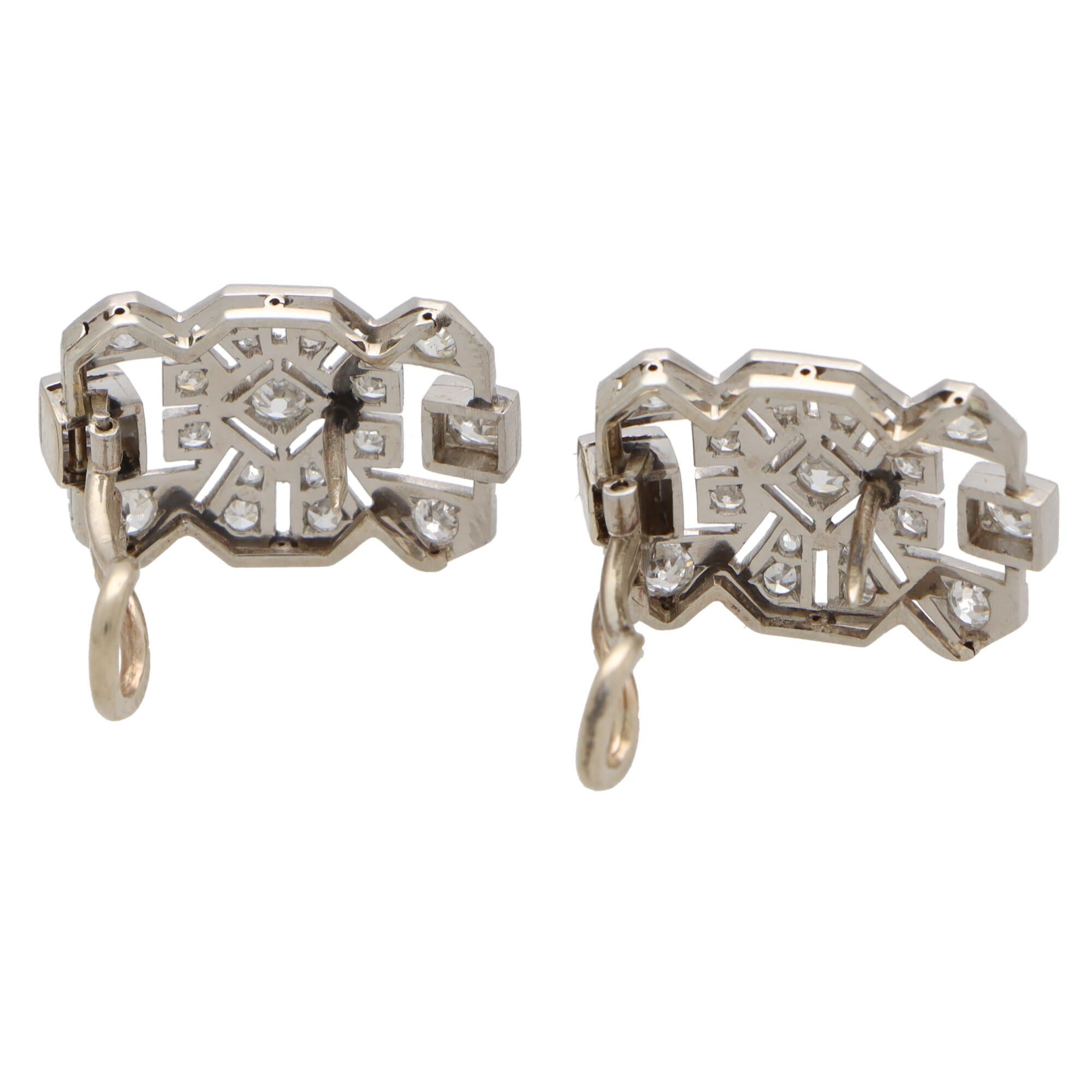 Women's or Men's Late Art Deco Diamond Panel Earrings Set in Platinum and 18k White Gold