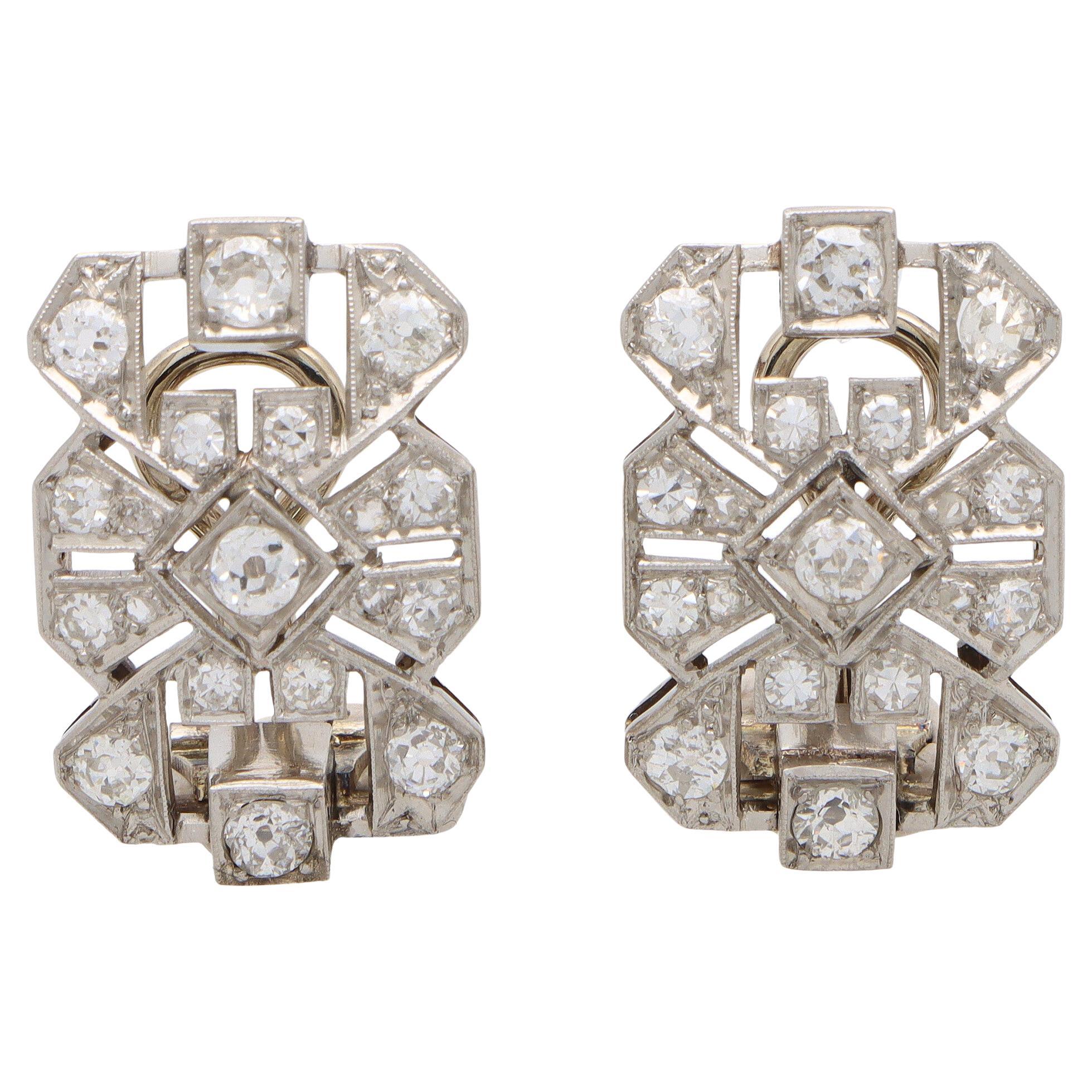Late Art Deco Diamond Panel Earrings Set in Platinum and 18k White Gold
