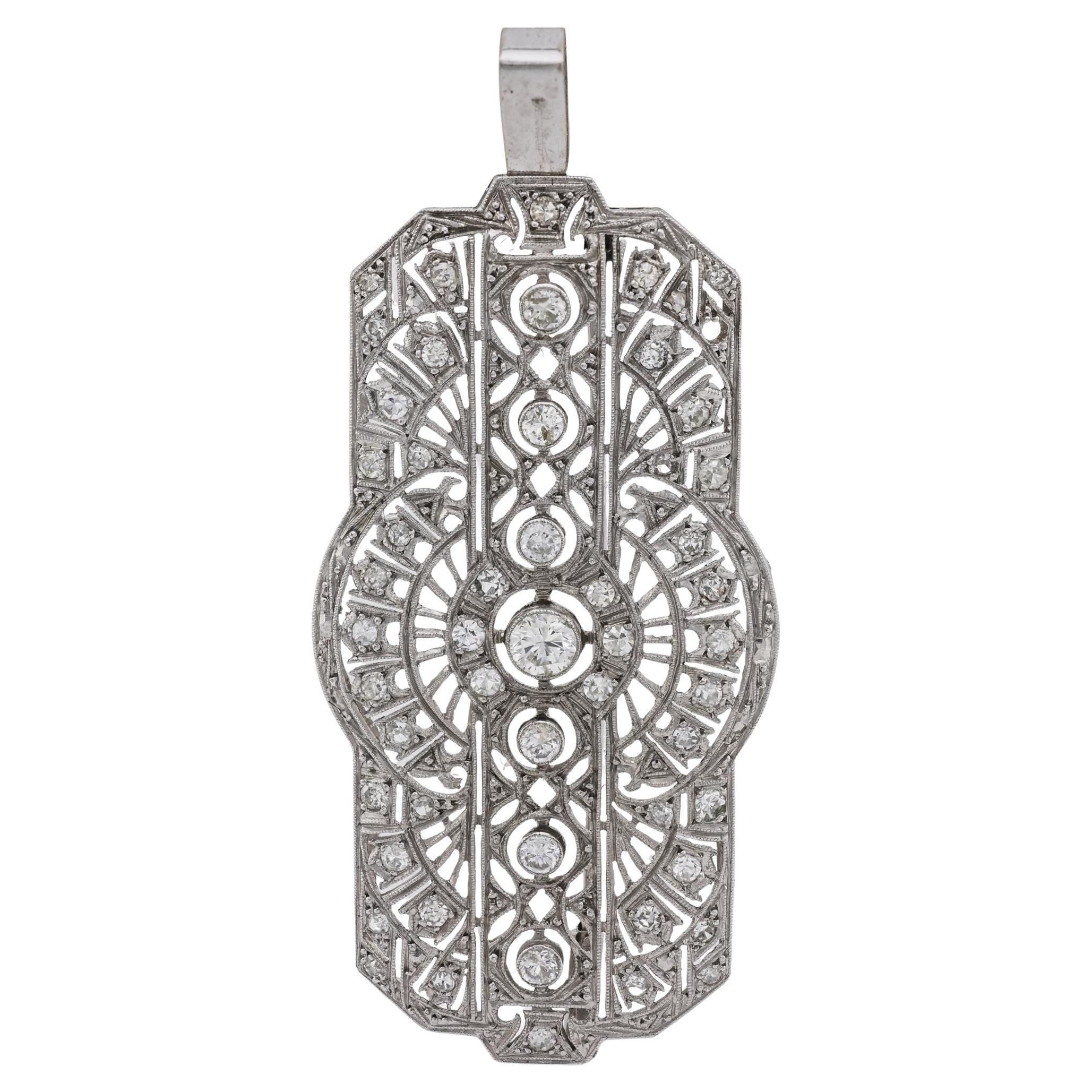 Broche pendentif art déco tardif en diamant et platine en vente