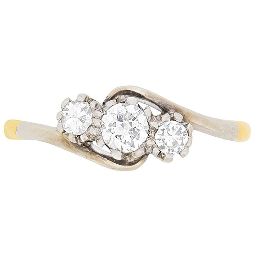 Anello a tre pietre con diamante in stile tardo Art Deco, circa 1930