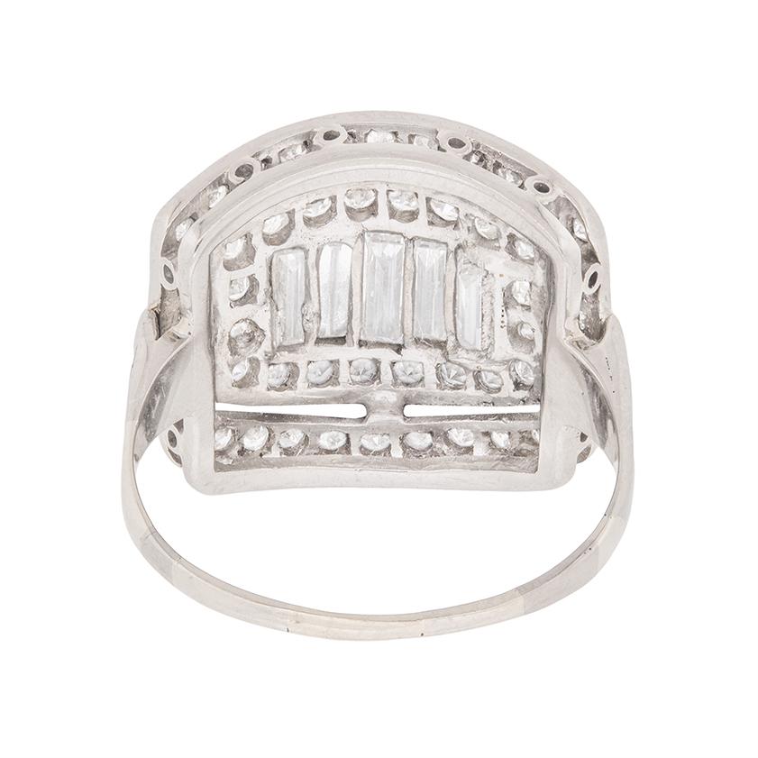 Baguette Cut Late Art Deco Diamond White Gold Platinum Cluster Ring, circa 1930s