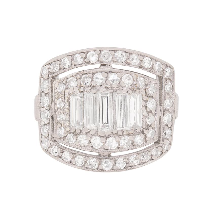 Late Art Deco Diamond White Gold Platinum Cluster Ring, circa 1930s